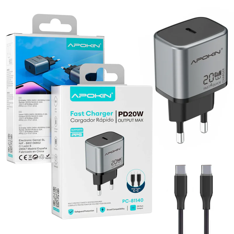 Carregador Apokin USB-C 20 W 3,0 A com Cabo USB-C Vermelho