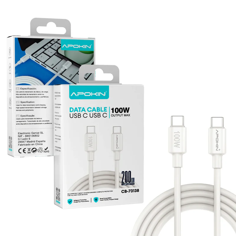 Cabo USB Tipo-C para Tipo-C Apokin 100 W 2 m Branco
