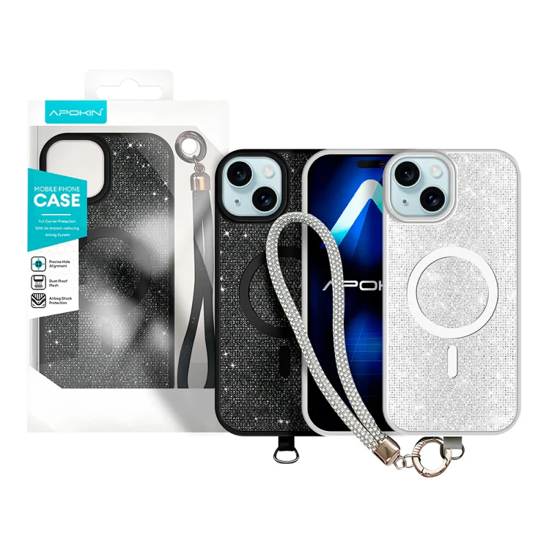 Capa Apokin para iPhone 15 com MagSafe Diamantes e Alça Preto