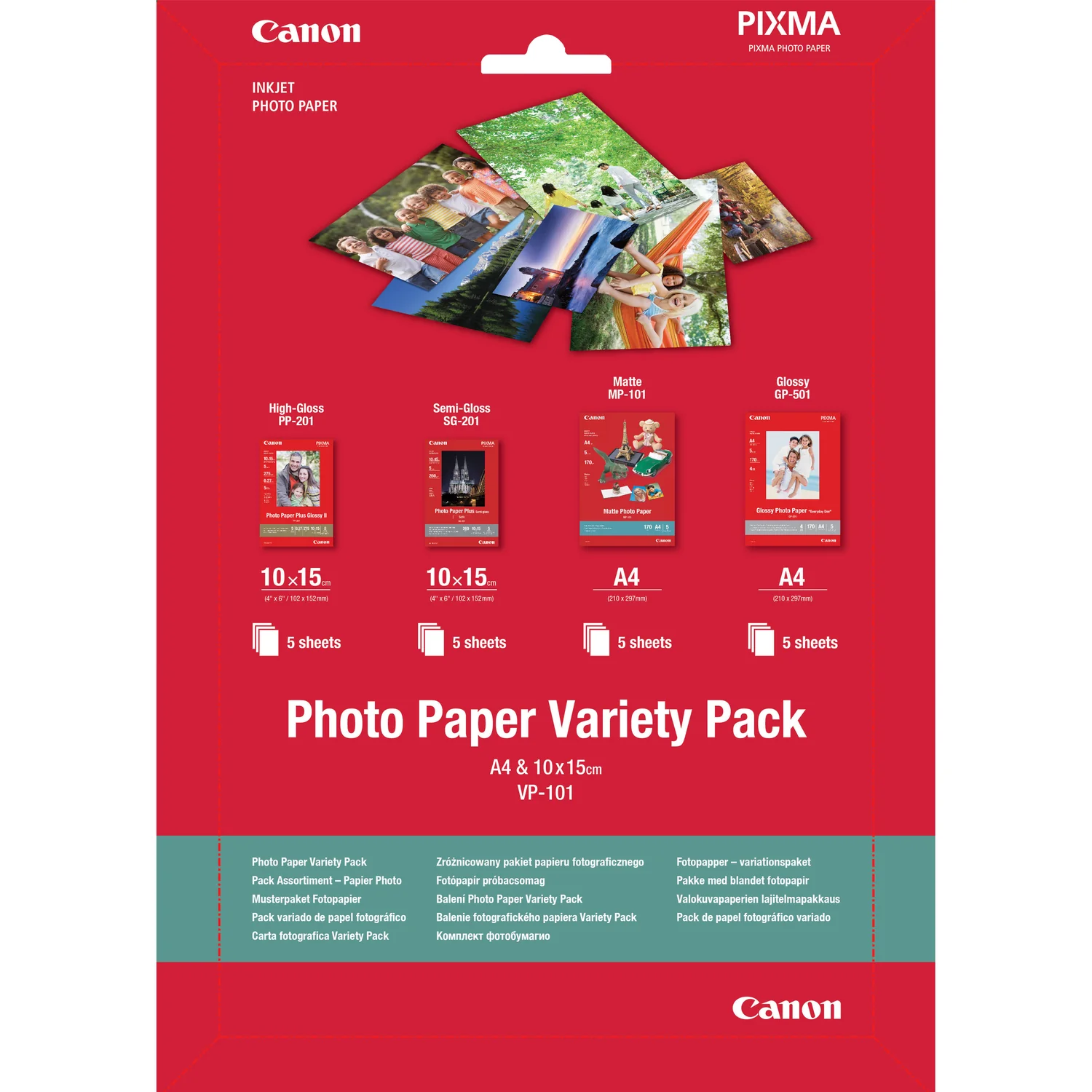 Papel Fotográfico Variedade Canon VP-101 A4 e 10x15cm Brilhante/Fosco/Semibrilhante 20 Folhas - Imagem 1