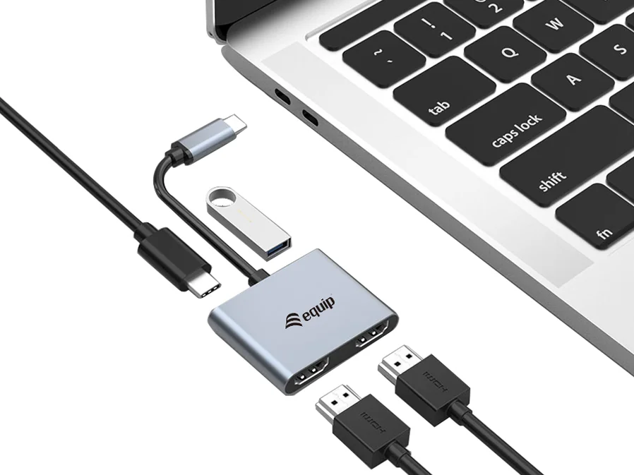 Adaptador USB-C 4 em 1 Duplo HDMI 4K + USB 3.0 + PD 100W Equip 133484 Prateado - Imagem 2