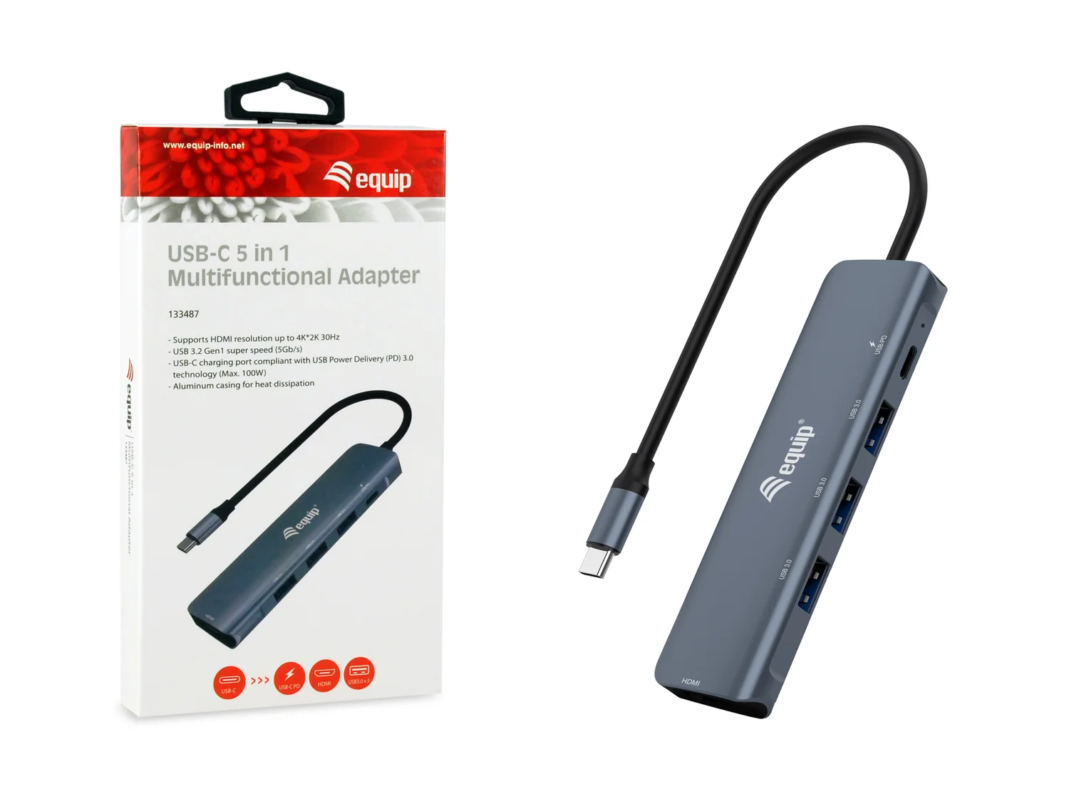 Adaptador USB-C 5 em 1 HDMI 4K + 3x USB 3.0 + USB-C PD 100W Equip 133487 - Imagem 3