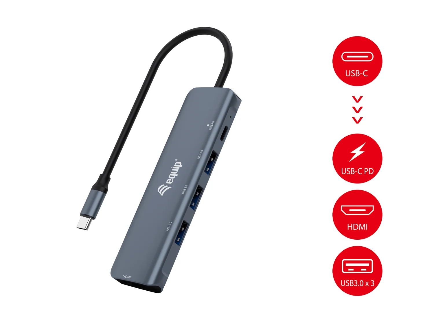 Adaptador USB-C 5 em 1 HDMI 4K + 3x USB 3.0 + USB-C PD 100W Equip 133487 - Imagem 2