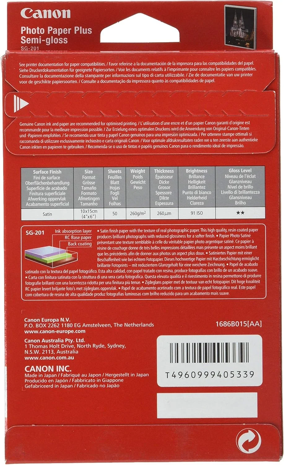 Papel Fotográfico Semi-Brilhante Canon SG-201 10x15 cm 260g/m² — 50 Folhas - Imagem 2