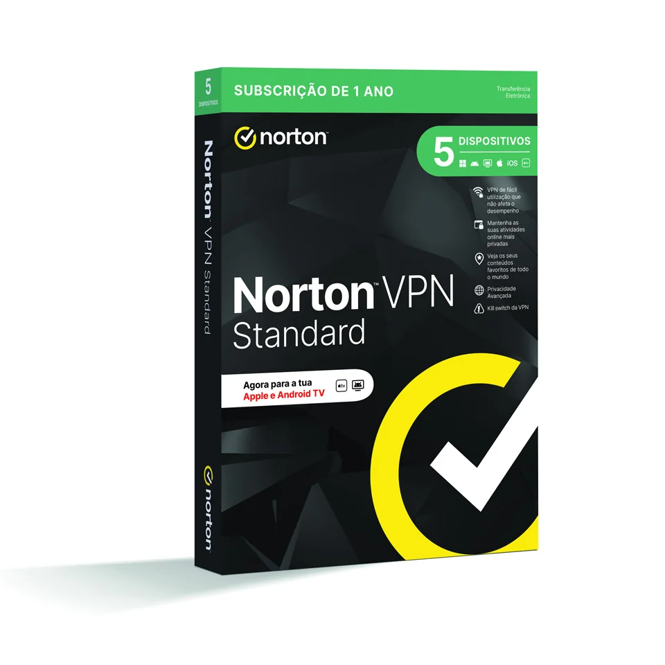 Software de segurança Norton VPN Standard 1 utilizador 5 dispositivos 12 meses ESD