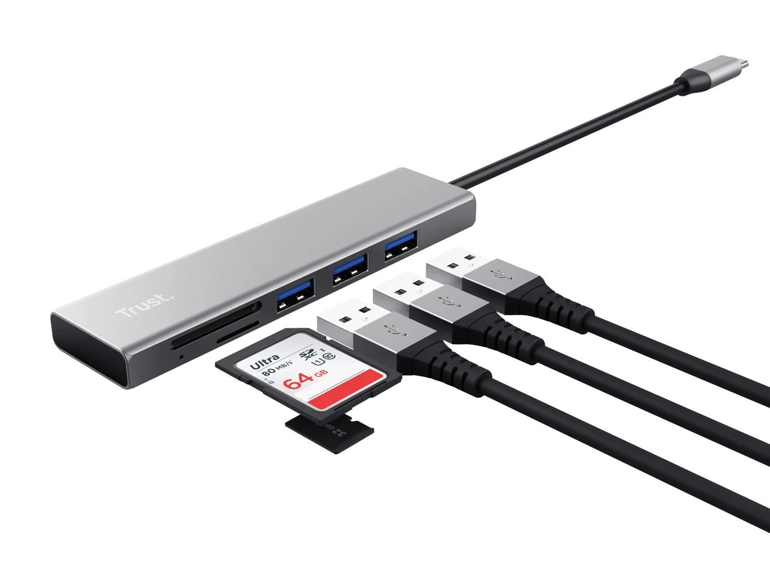 Hub USB-C com Leitor de Cartões Trust Halyx Fast 3 Portas USB-A + SD/MicroSD Alumínio - Imagem 2