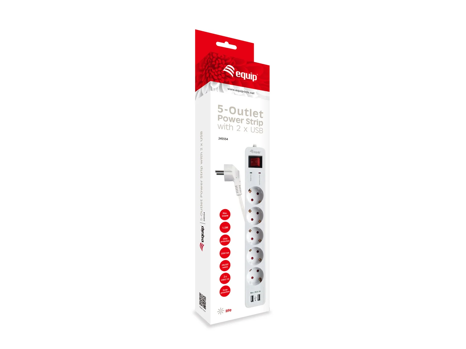Extensão Elétrica Equip 5 Tomadas + 2 USB Cabo 1,8 m com Interruptor Interior Branco - Imagem 6