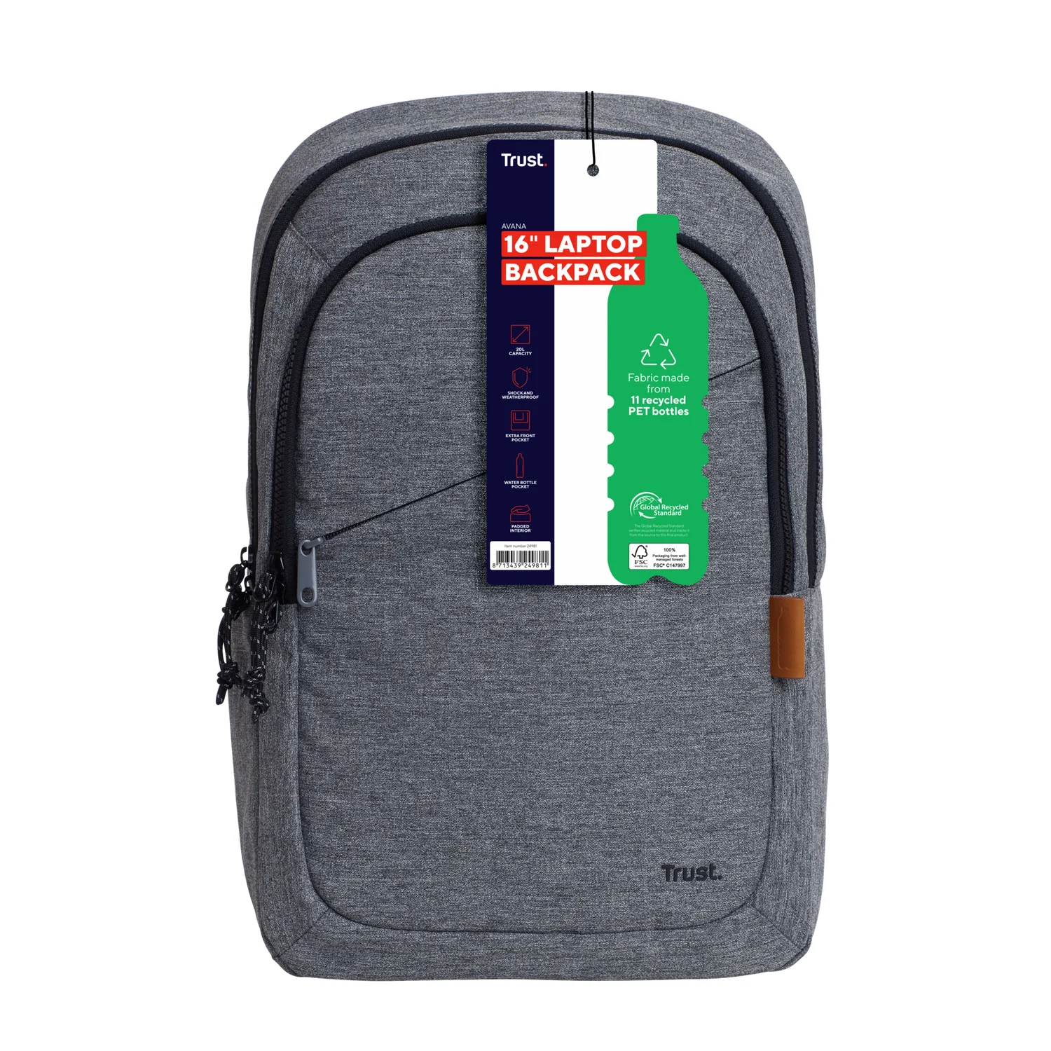 Mochila para Portátil Trust Avana 16" ECO Reciclada Cinzento 3 Compartimentos - Imagem 11