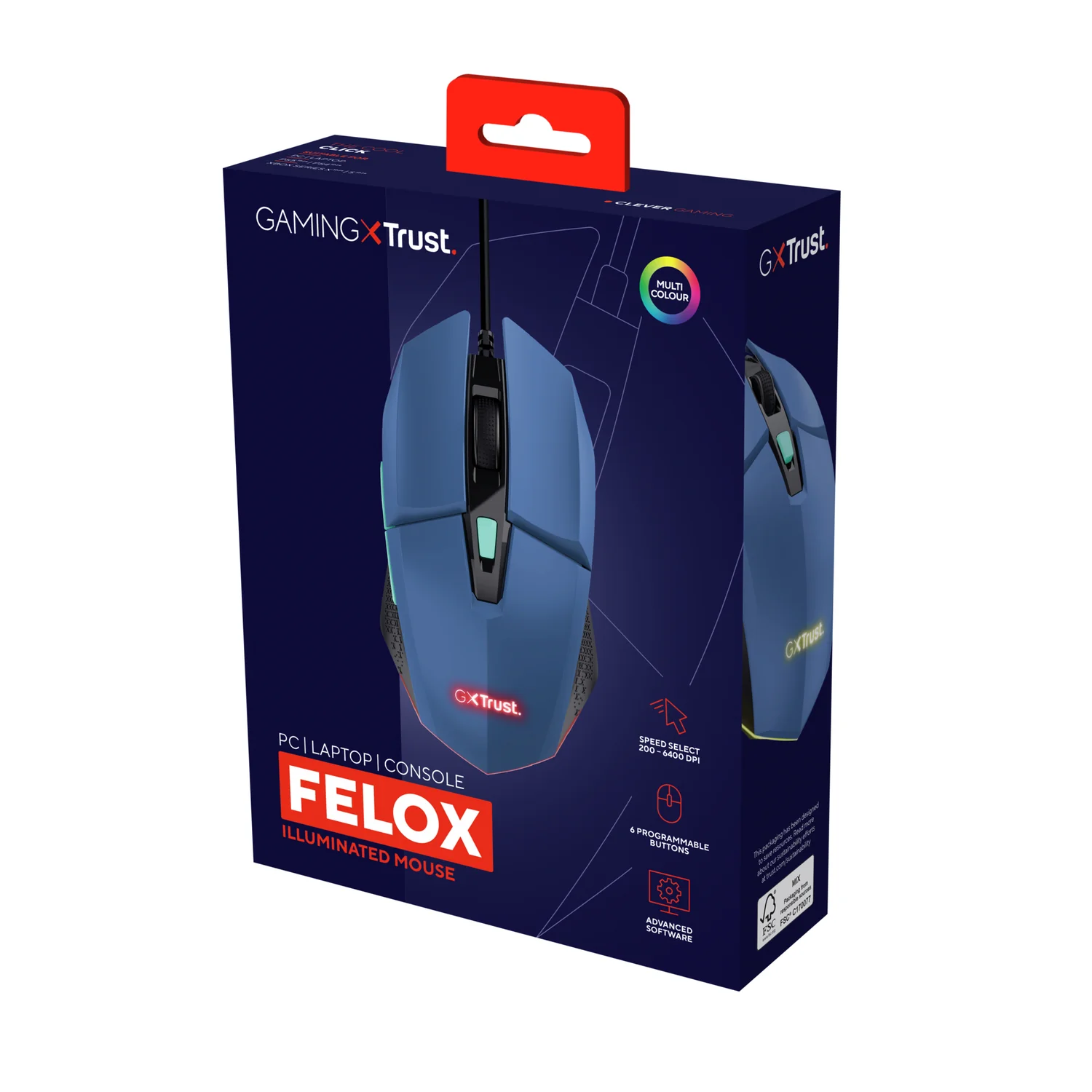Rato Gaming Trust GXT 109B Felox 6400 DPI 6 Botões Iluminação Multi-cor Cabo 1.5m Azul - Imagem 6