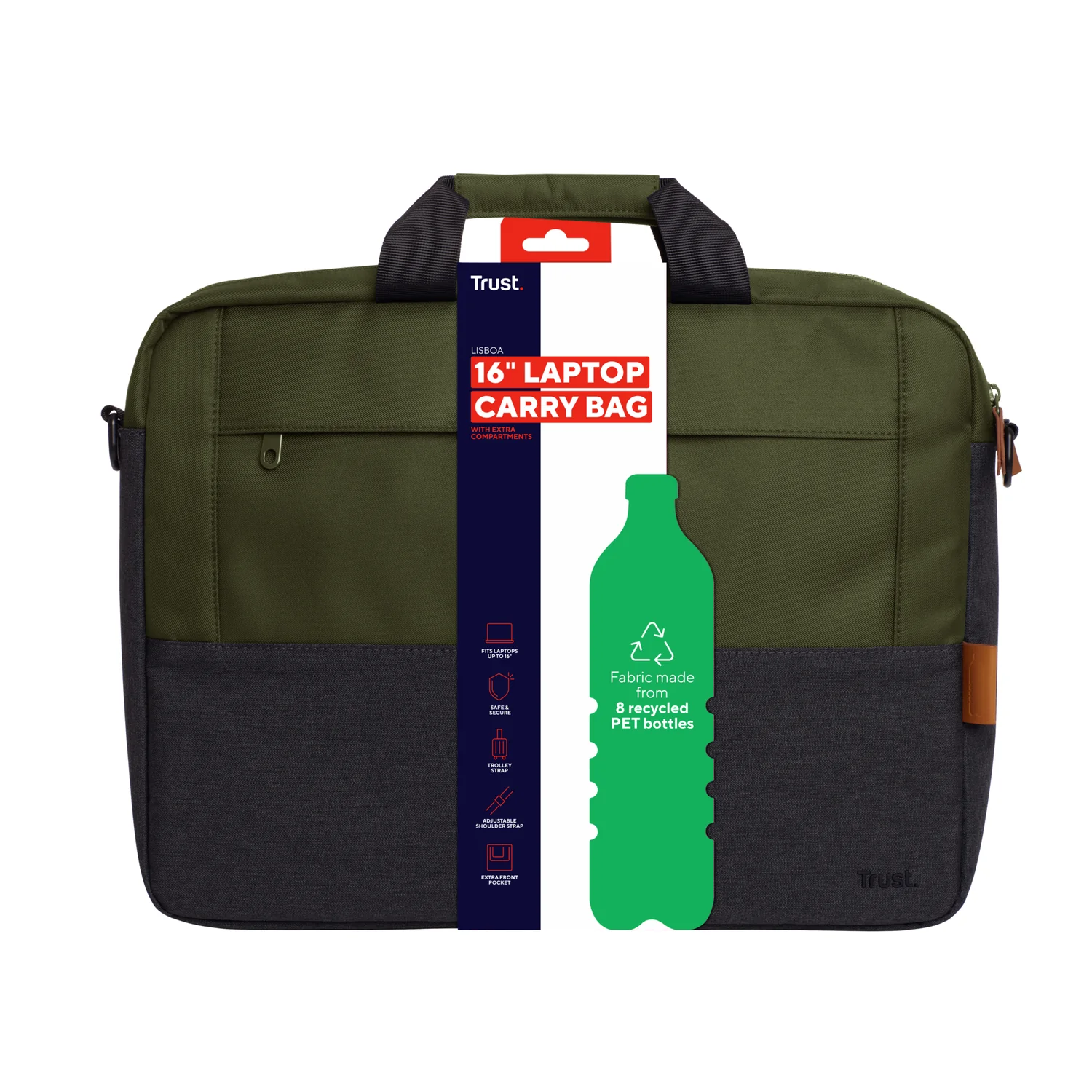 Pasta para Portátil Trust Lisboa 16" em Poliéster Reciclado com Alça de Ombro - Verde - Imagem 8