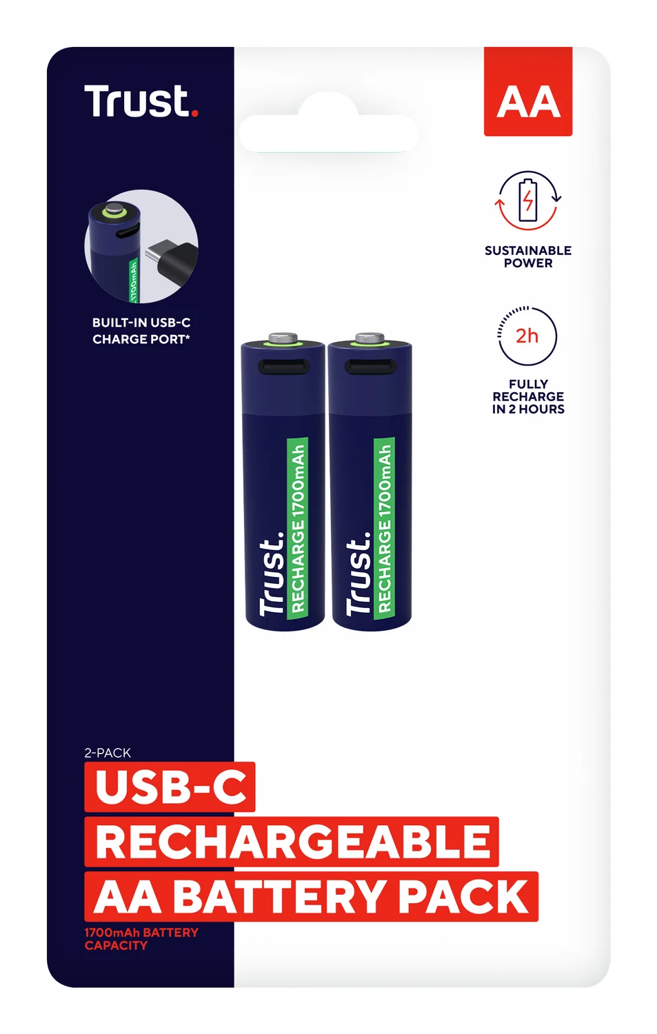 Pilhas Recarregáveis AA USB-C Trust 1700mAh 800 Ciclos Sustentáveis Pack 2 Unidades - Imagem 5