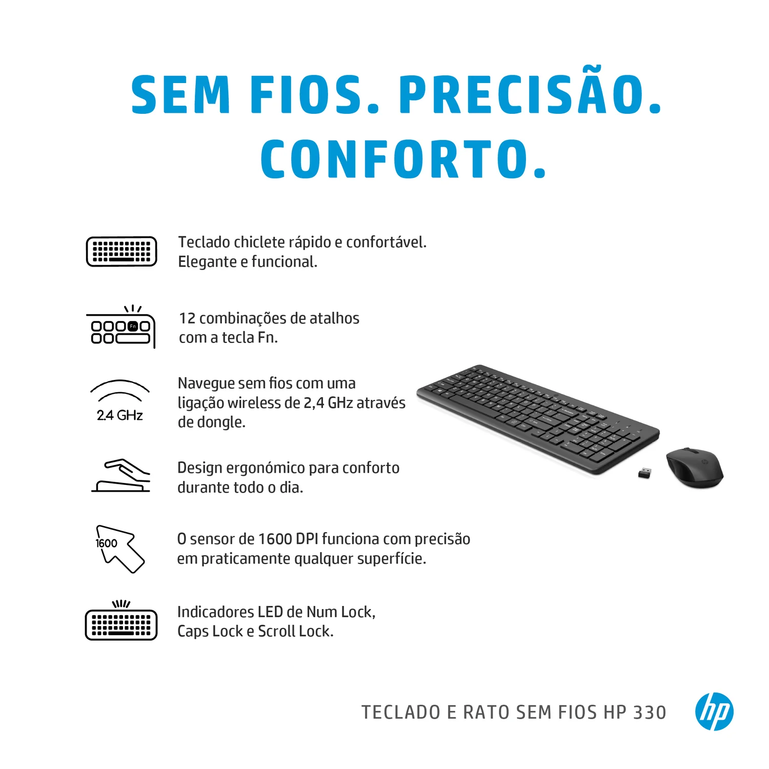 Conjunto Teclado e Rato Sem Fios HP 330 Combo Preto - Imagem 4