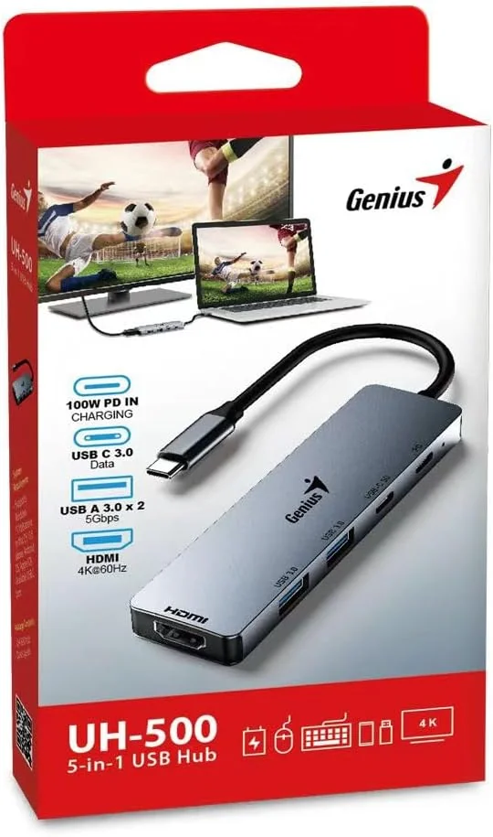 Hub USB Genius UH-500 5 em 1 metálico com HDMI e Power Delivery - Imagem 2