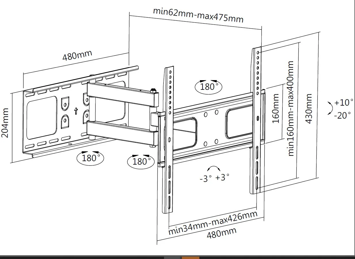 Suporte de Parede para TV Articulado 32"-55" Ecrã Curvo ou Plano até 50 kg – Equip - Imagem 4