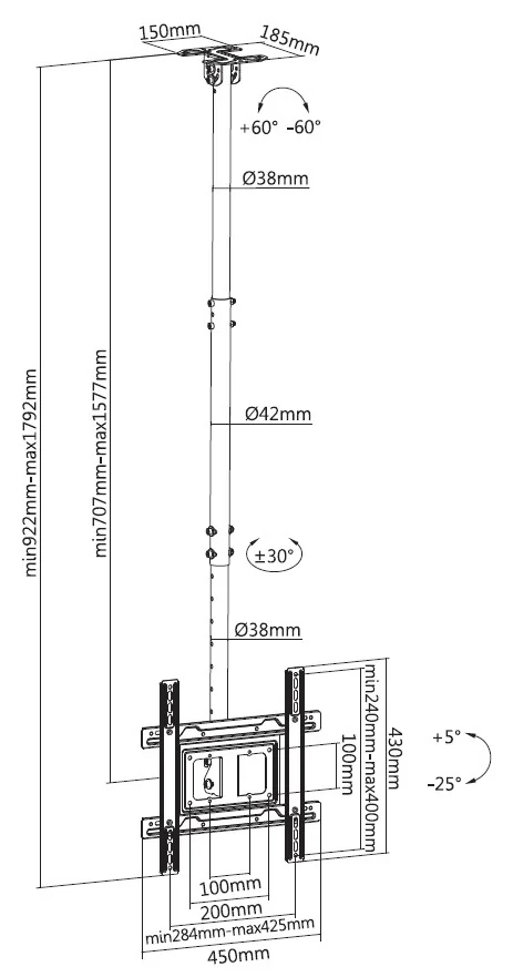 Suporte de Teto para TV 32"-70" com Coluna Ajustável até 50 kg – Equip - Imagem 8