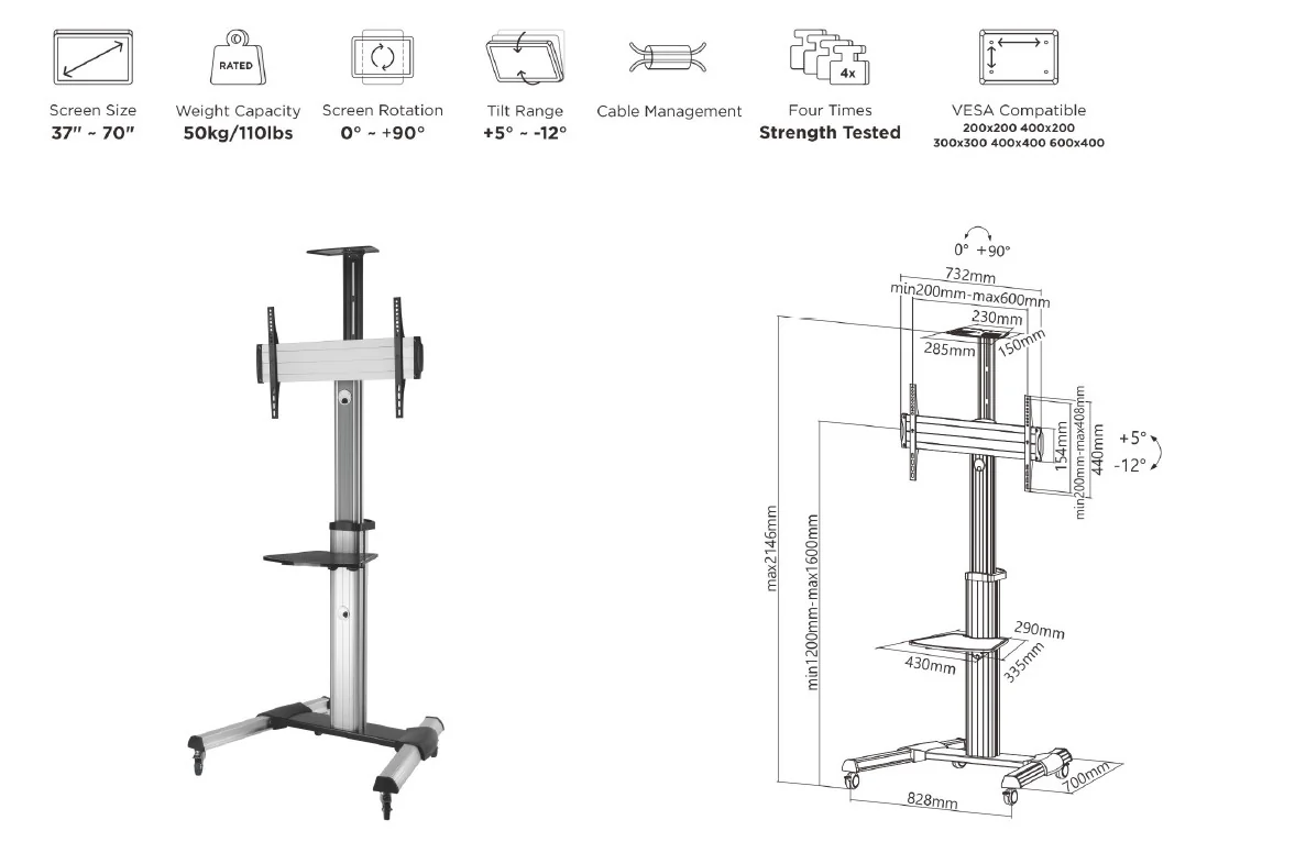 Carrinho para TV Equip 37"-70" com Rotação 90° e Ajuste de Altura (650602) - Imagem 6