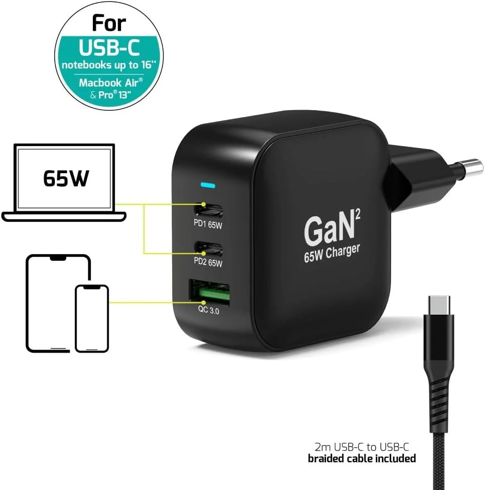 Carregador de Parede Port Designs USB-C PD 65W GaN + Cabo USB-C 2m EU - Imagem 4