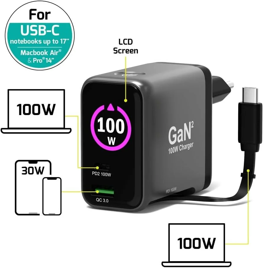 Carregador GaN Port Designs USB-C 100W PD 3.0 OLED Retractable Cable Universal para Portátil Smartphone - Imagem 6