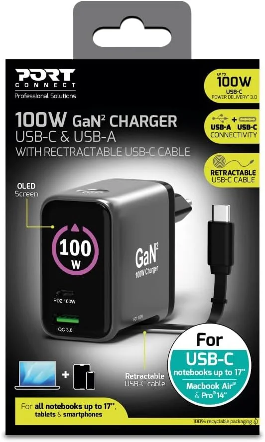 Carregador GaN Port Designs USB-C 100W PD 3.0 OLED Retractable Cable Universal para Portátil Smartphone - Imagem 2