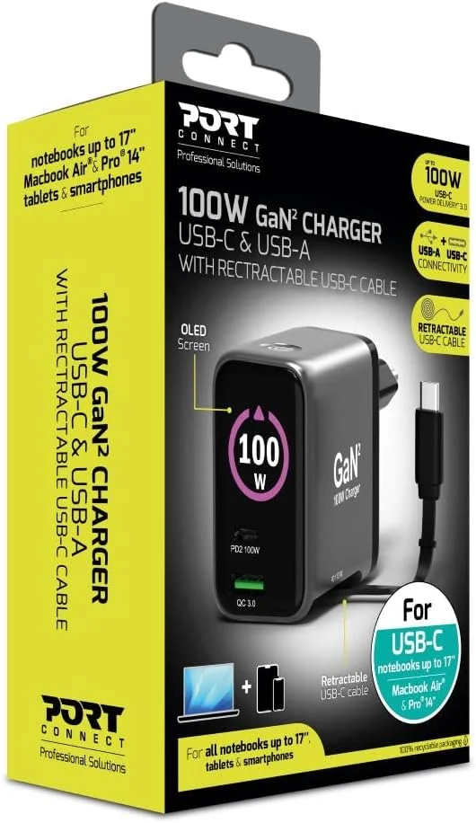 Carregador GaN Port Designs USB-C 100W PD 3.0 OLED Retractable Cable Universal para Portátil Smartphone - Imagem 3