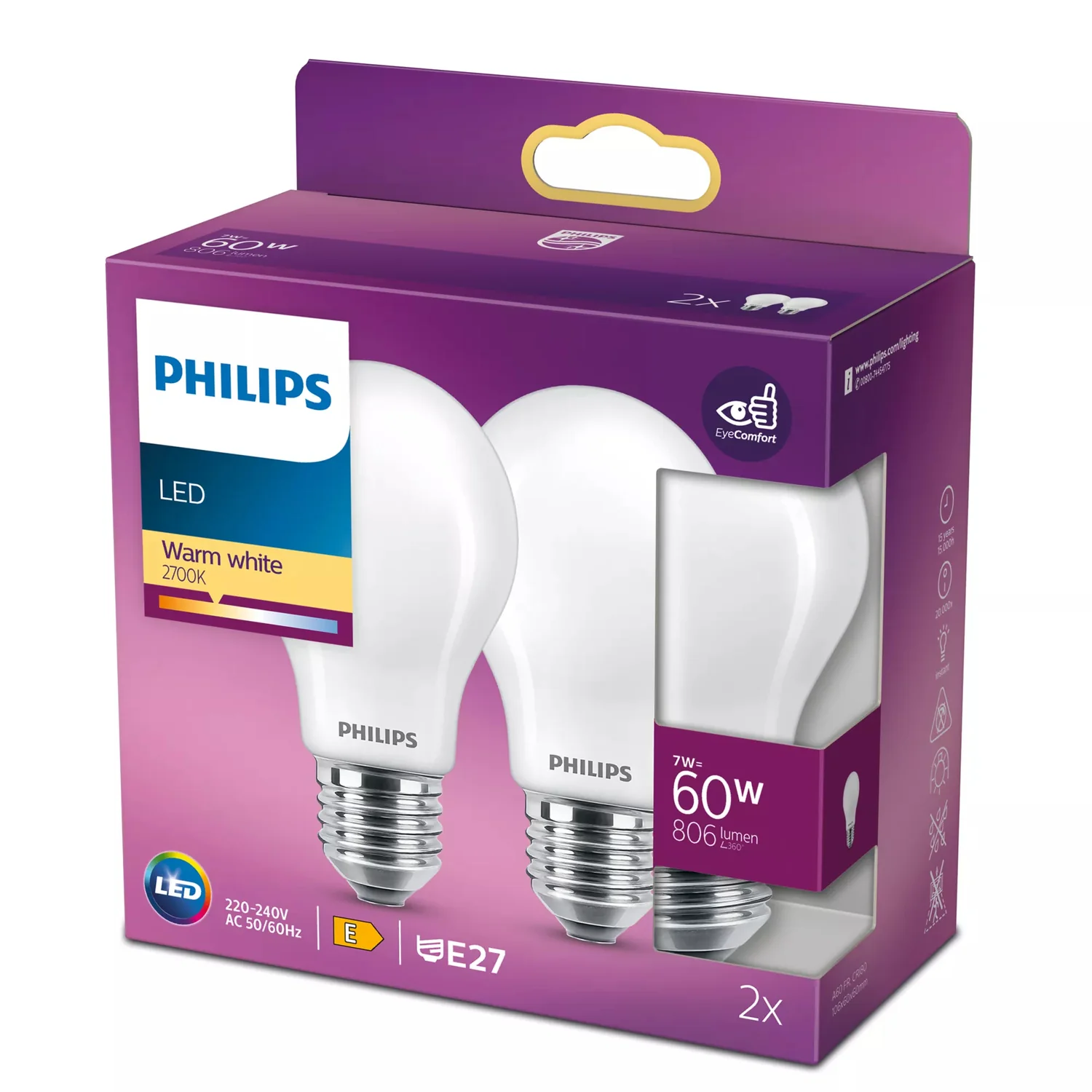 Lâmpada LED Philips E27 7W 806lm Branco Quente A60 Fosca Pack 2 Unidades - Imagem 2
