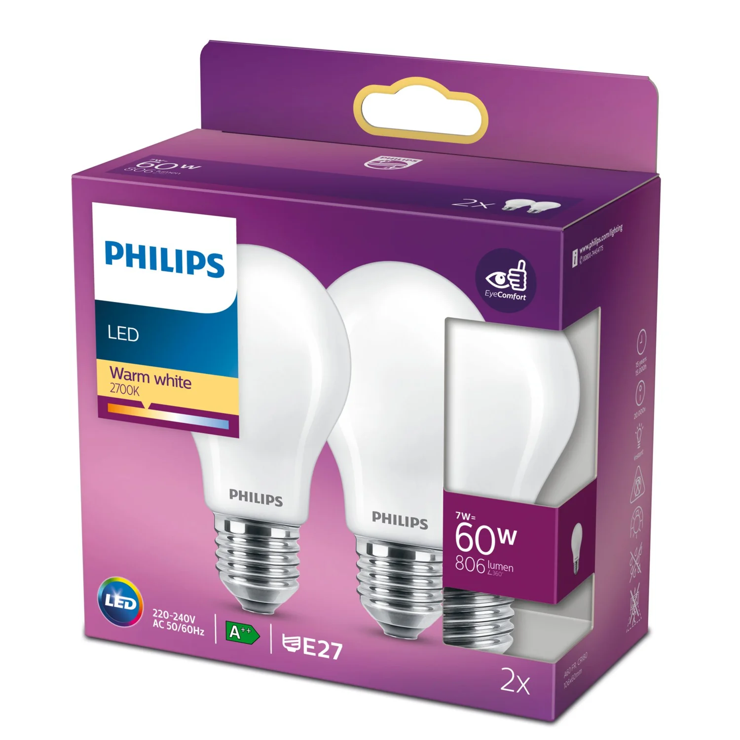 Lâmpada LED Philips E27 7W 806lm Branco Quente A60 Fosca Pack 2 Unidades - Imagem 3