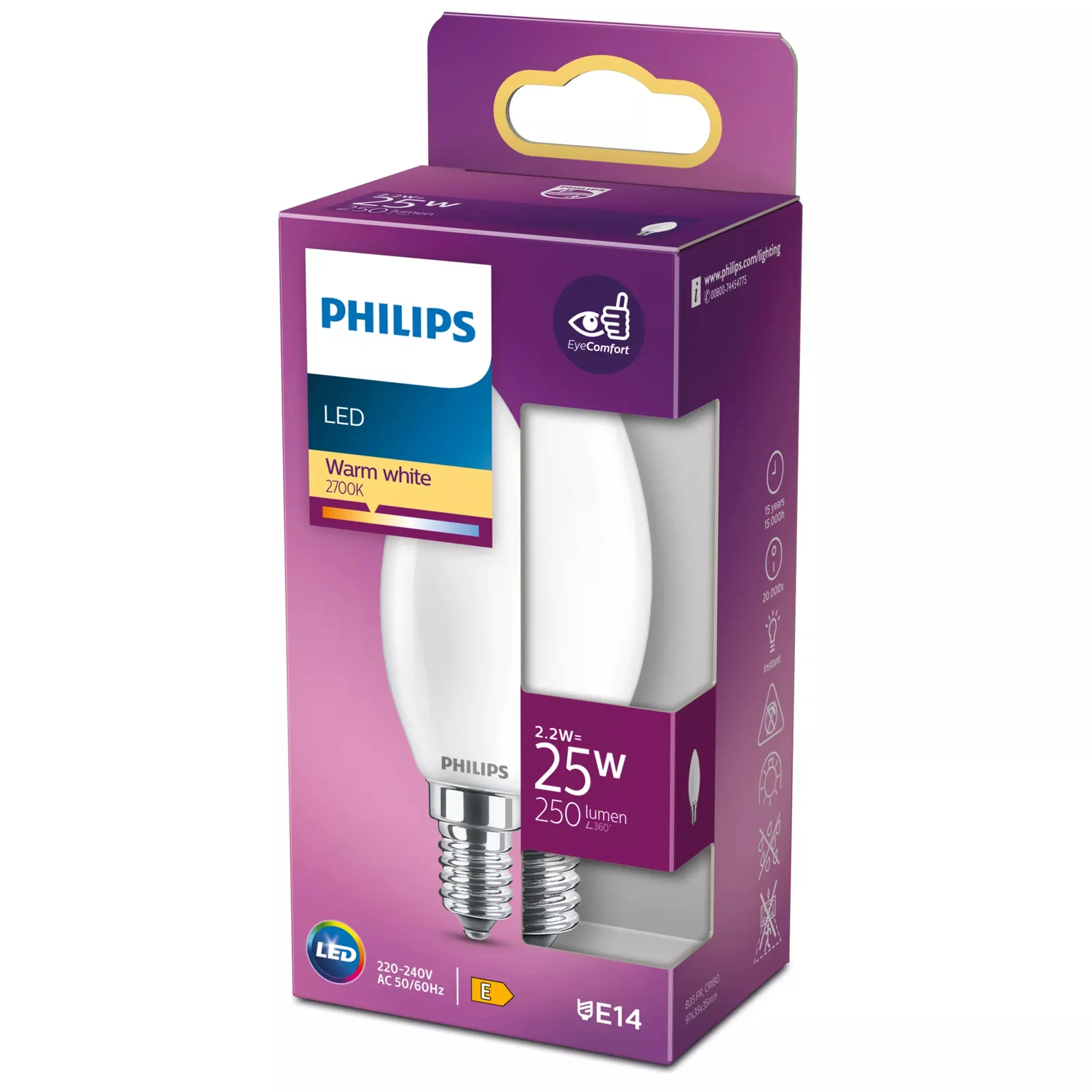 Lâmpada LED Philips E14 2,2W Vela B35 250lm Branco Quente 2700K Fosca - Imagem 2