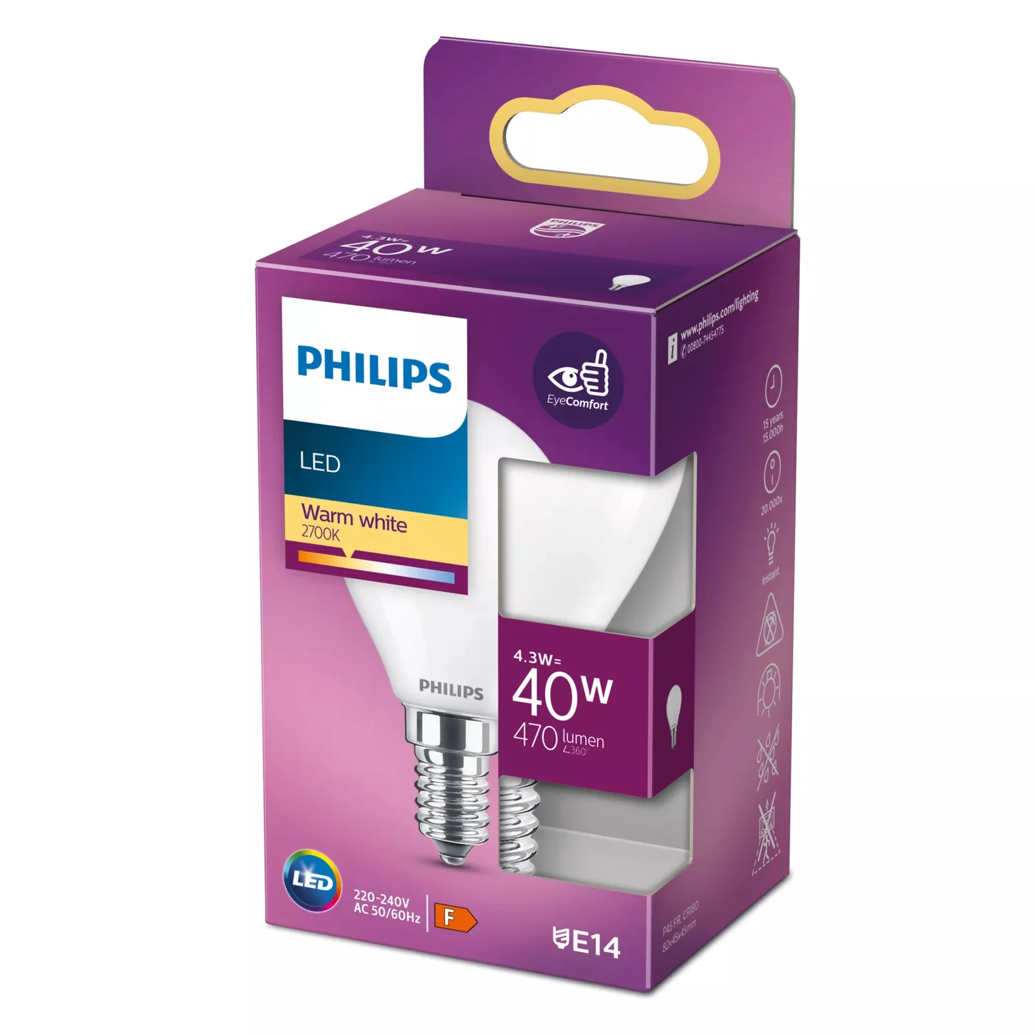 Lâmpada LED Philips E14 P45 Vela 4,3W 470lm Branco Quente 2700K Fosca - Imagem 2