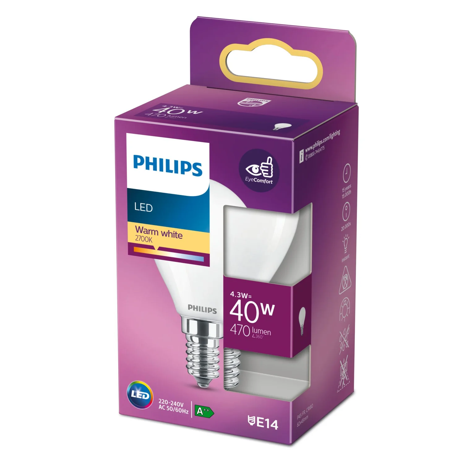 Lâmpada LED Philips E14 P45 Vela 4,3W 470lm Branco Quente 2700K Fosca - Imagem 3