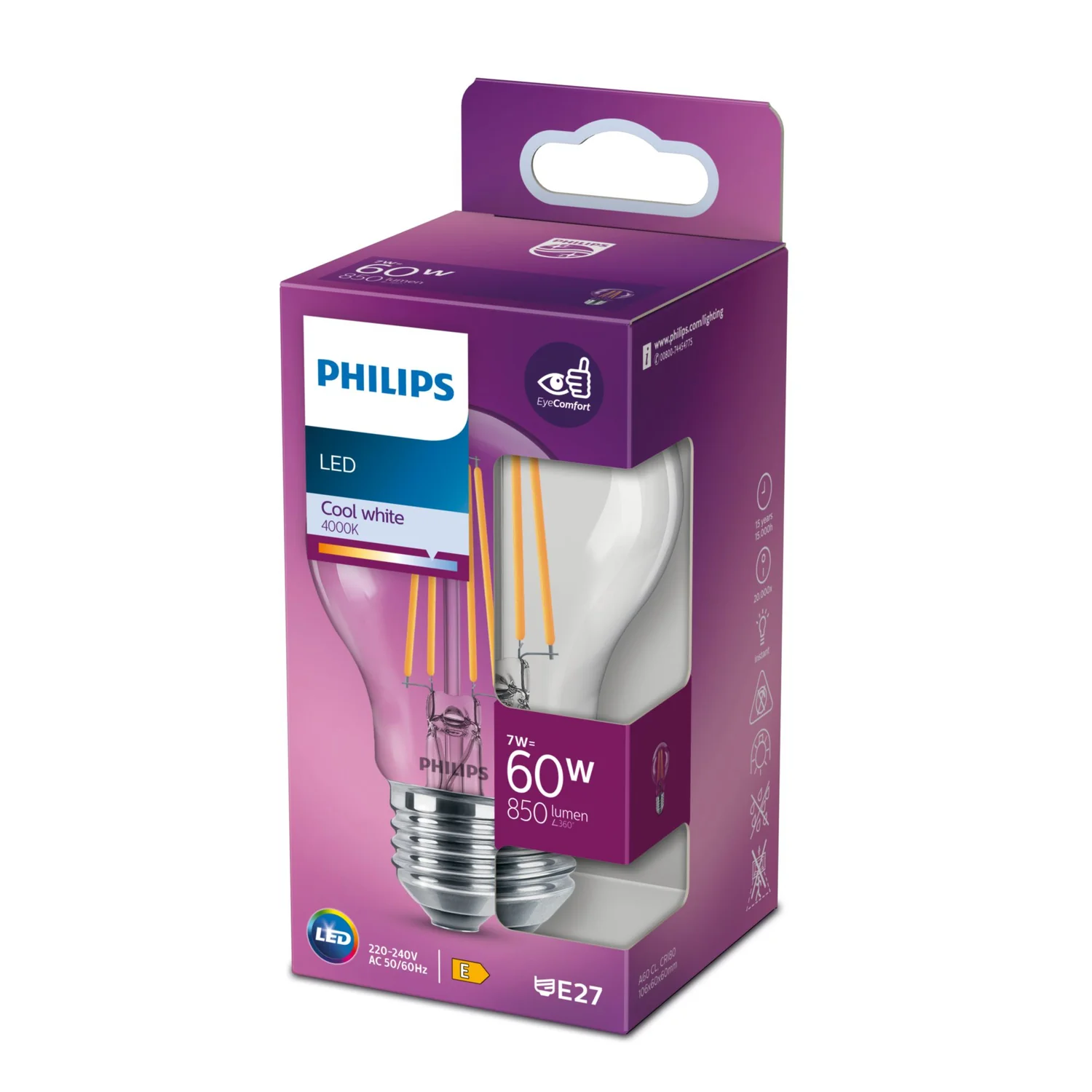 Lâmpada LED Philips A60 E27 7W 850lm 4000K Branco Neutro Transparente - Imagem 2