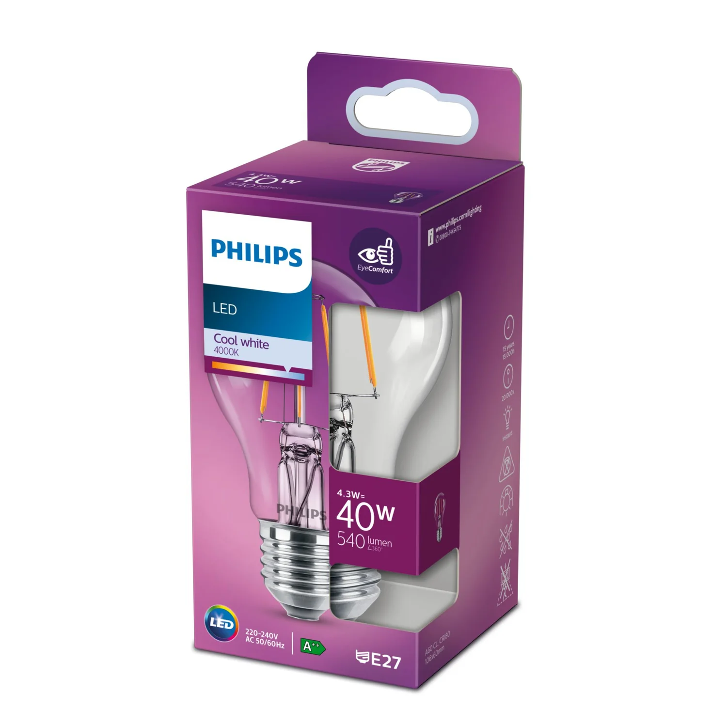 Lâmpada LED Philips E27 A60 4,3W 470lm Branco Quente 2700K Filamento Transparente - Imagem 3