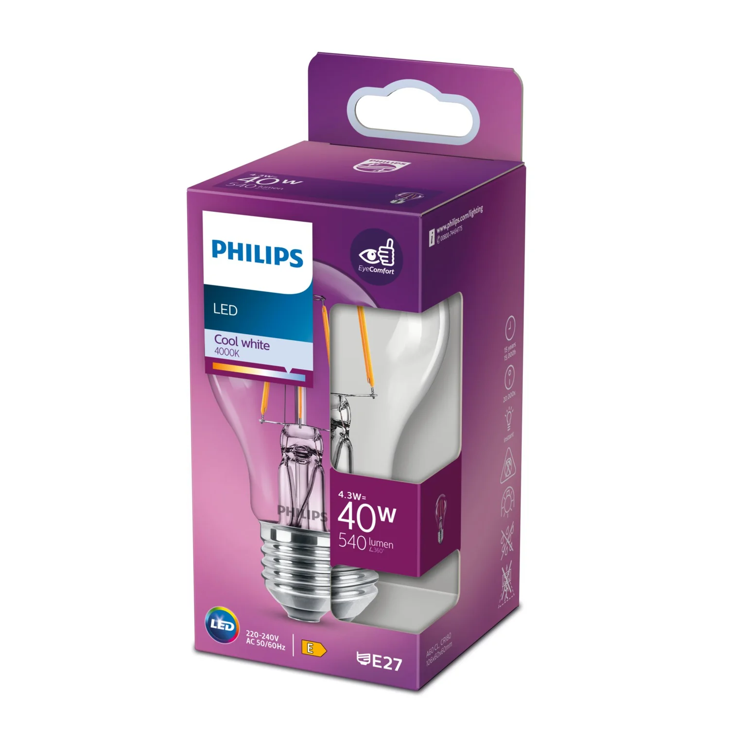 Lâmpada LED Philips Classic A60 E27 4,3W 540lm Branco Frio 4000K Transparente - Imagem 2