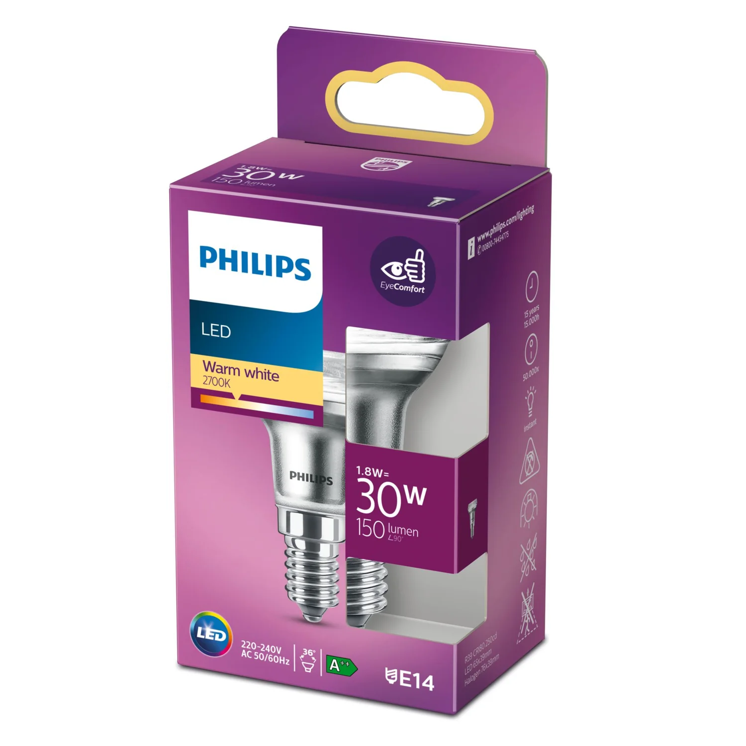 Lâmpada LED Philips Refletor R39 E14 1,8W 150lm 2700K 36° Branco Quente - Imagem 3