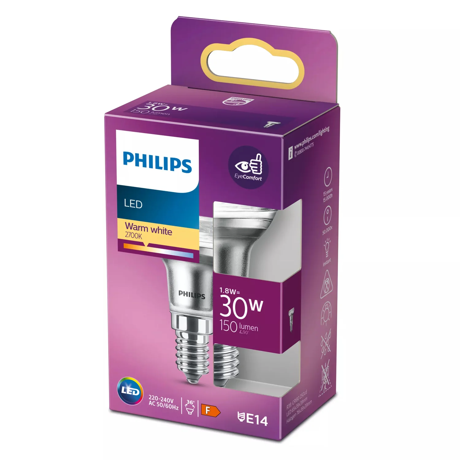 Lâmpada LED Philips Refletor R39 E14 1,8W 150lm 2700K 36° Branco Quente - Imagem 2