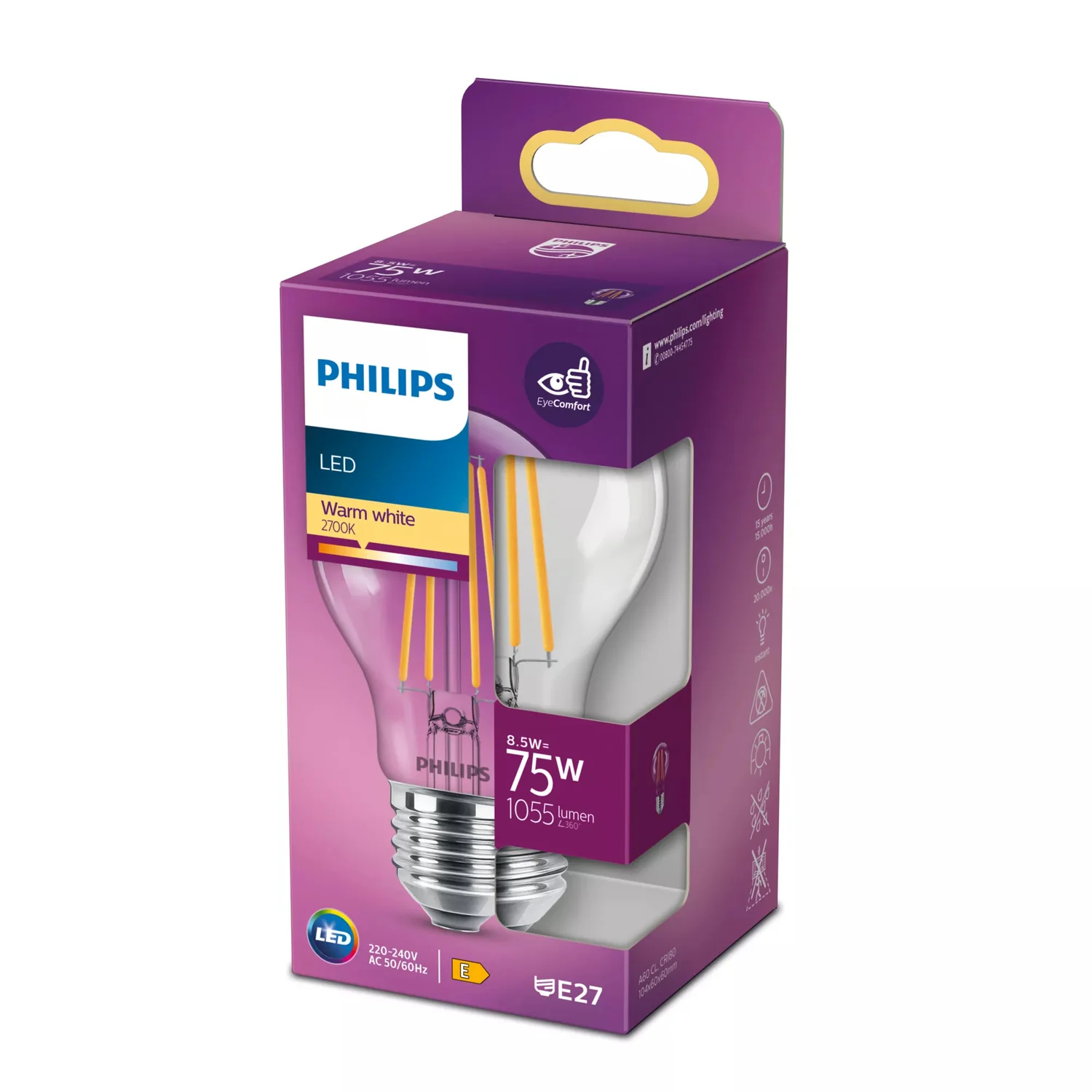 Lâmpada LED Philips A60 E27 8,5W 1055lm 2700K Branco Quente Transparente - Imagem 2