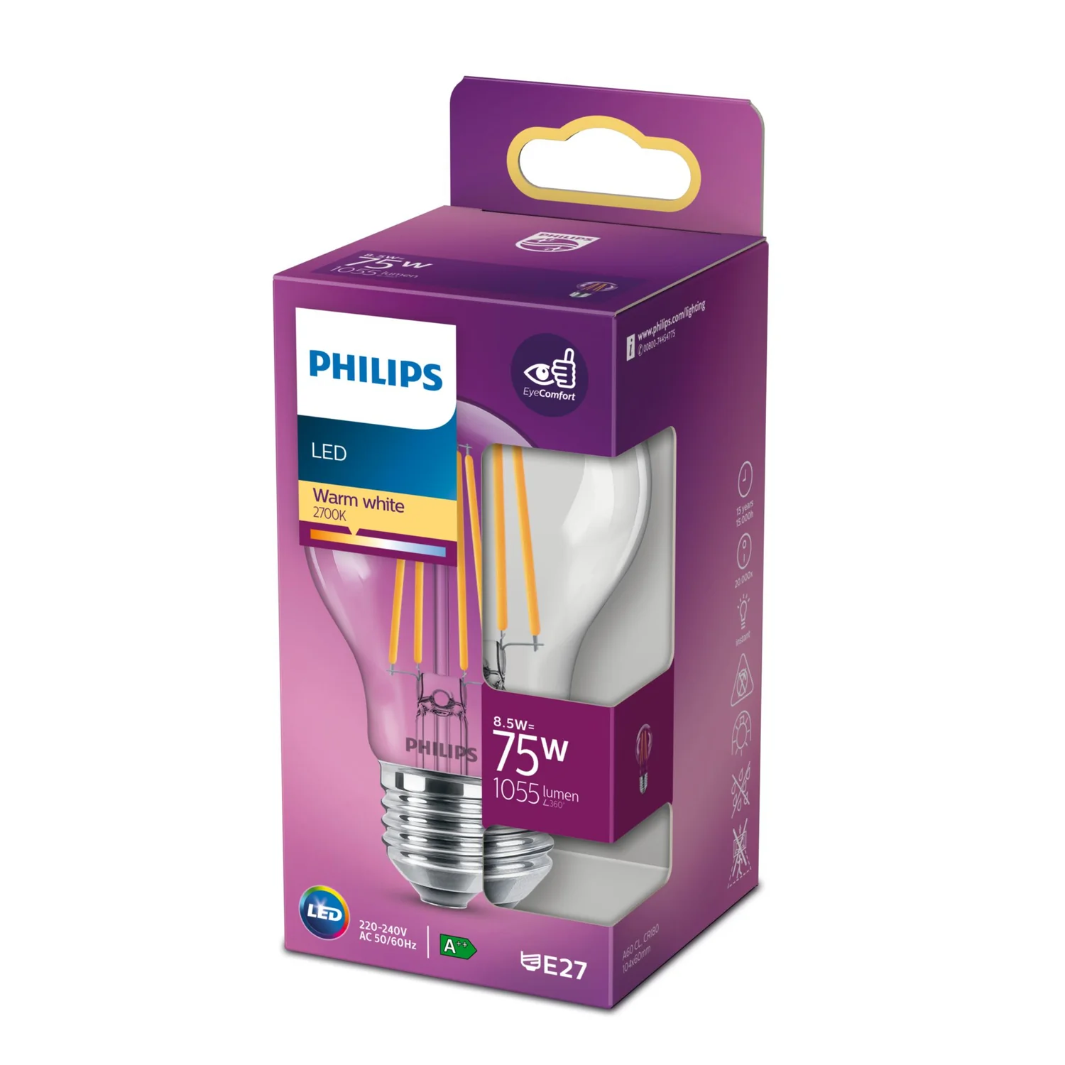 Lâmpada LED Philips A60 E27 8,5W 1055lm 2700K Branco Quente Transparente - Imagem 3
