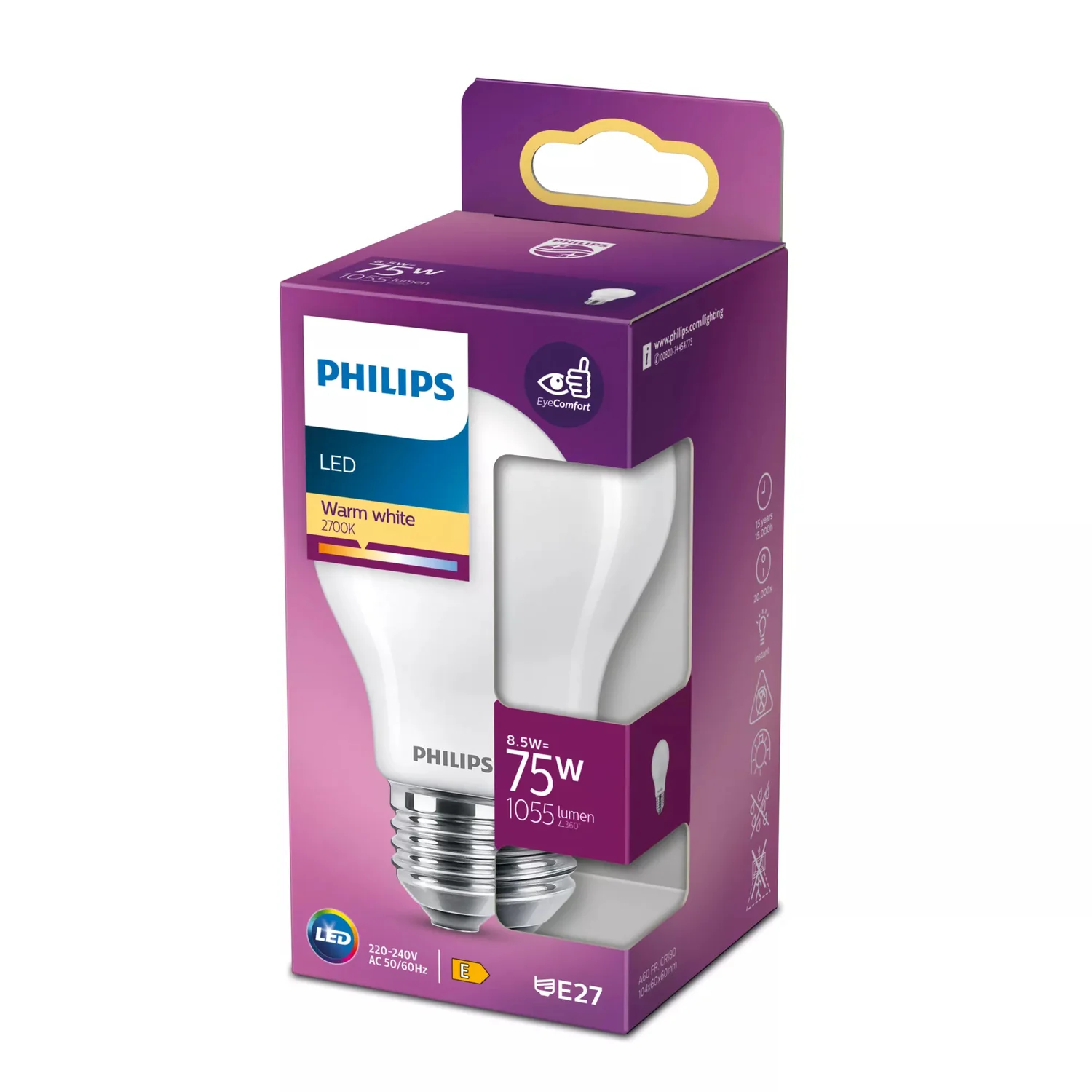Lâmpada LED Philips A60 E27 8,5W 1055lm 2700K Branco Quente Fosca - Imagem 2