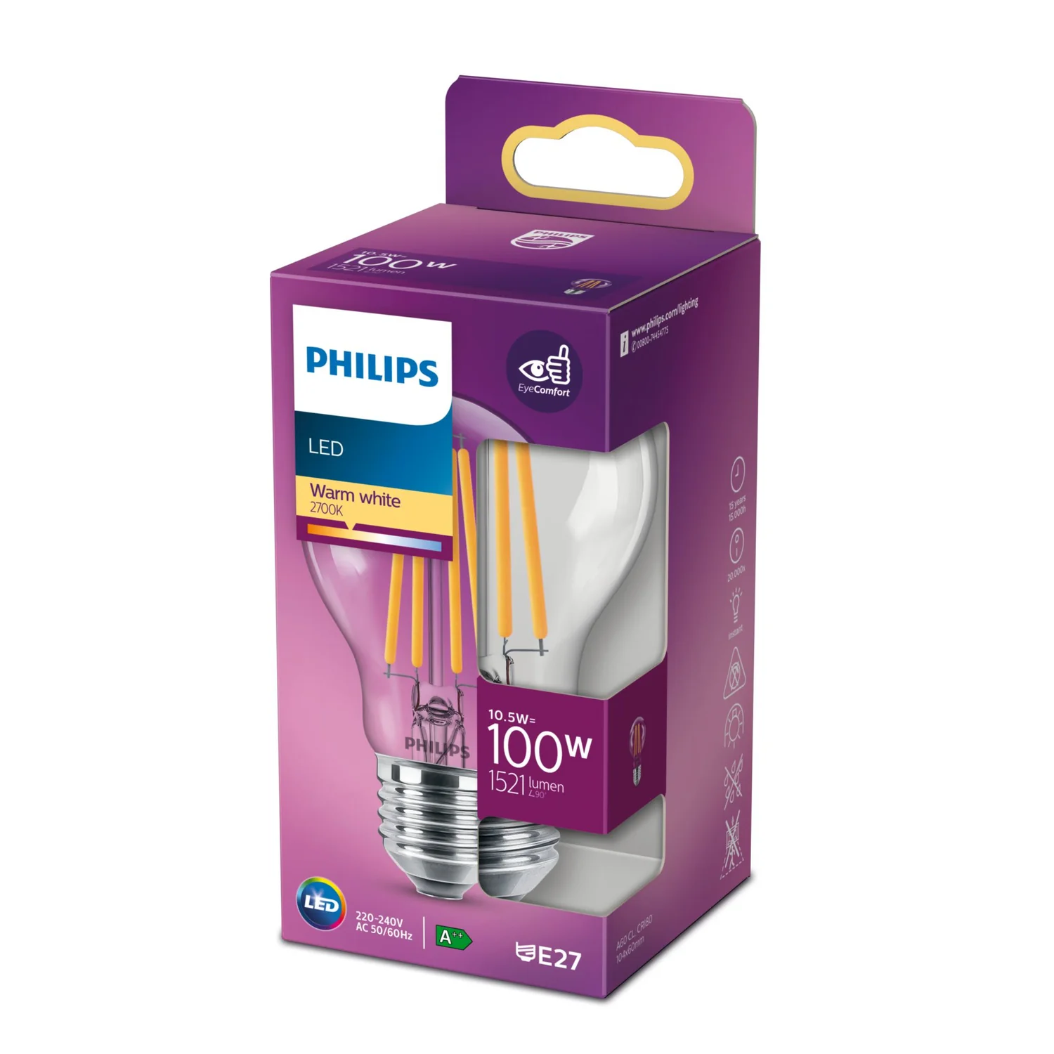 Lâmpada Philips LED Classic A60 E27 Filamento Transparente 100W Equivalente 1521lm 2700K Forte - Imagem 3