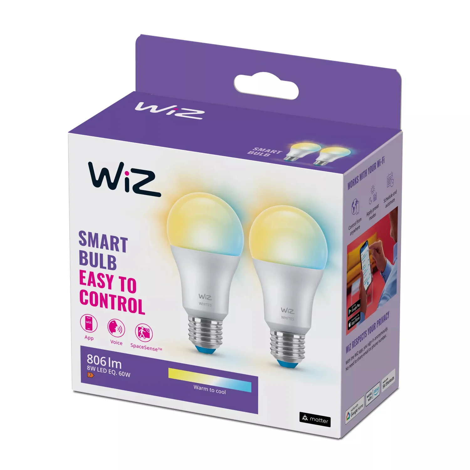 Lâmpadas Philips WiZ A60 E27 60W Equivalente 806lm Smart Wi-Fi 2700-6500K Pack 2 Unidades - Imagem 2