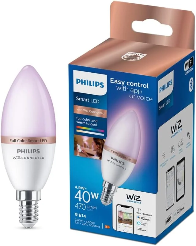 Lâmpada Philips LED Vela C37 E14 4.9W Equivalente 40W 470lm RGB Multi 2200-6500K Smart