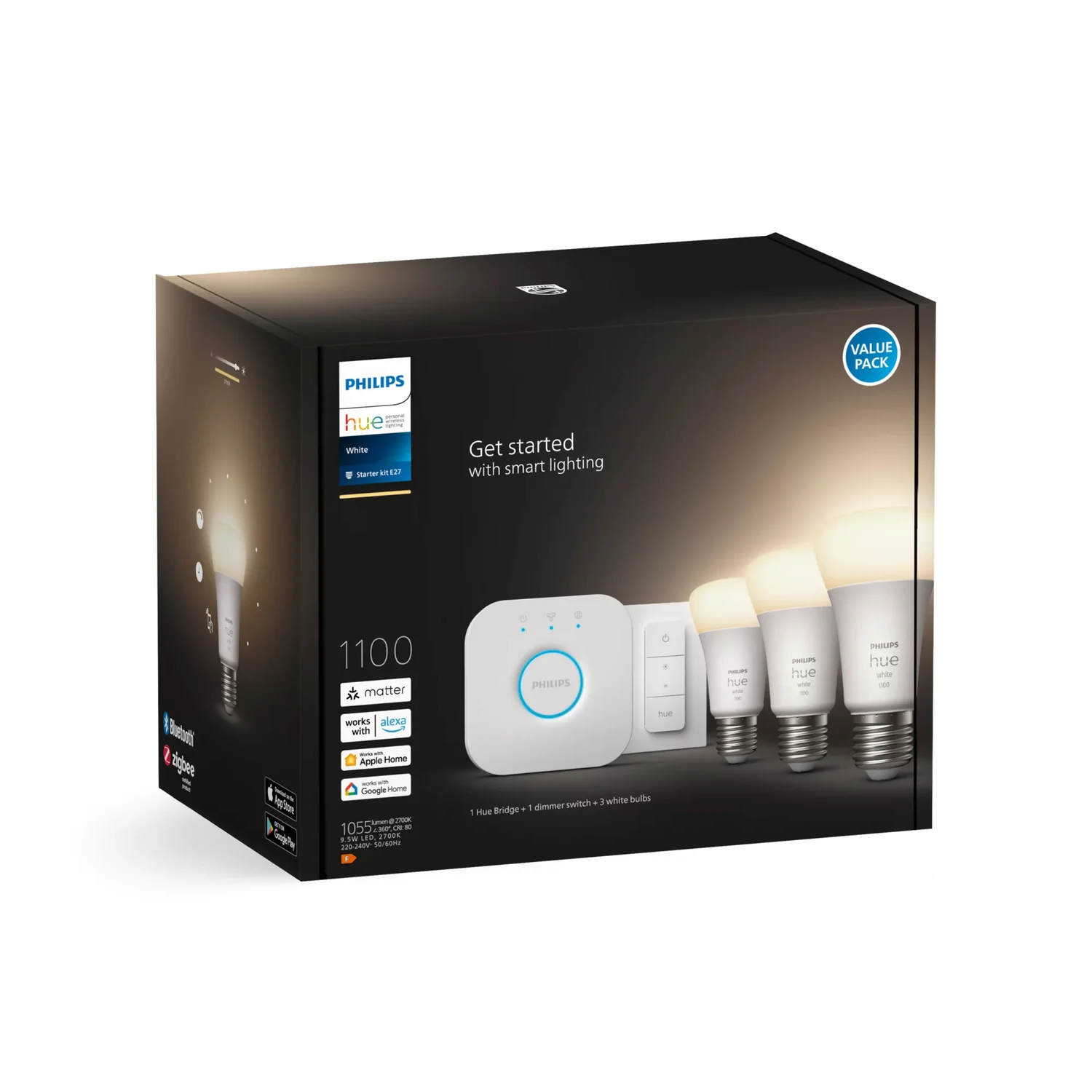 Lâmpada inteligente Philips Hue White E27 A60 9.5W kit 3 unid + interruptor - Imagem 3