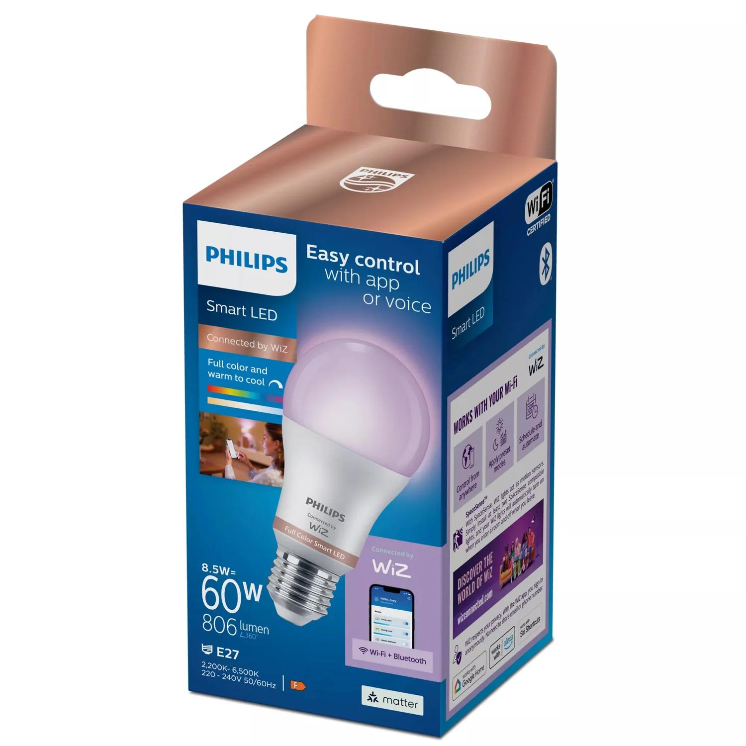 Lâmpada LED Inteligente Philips WiZ A60 E27 8.5W (60W) RGB 2700-6500K 806lm Wi-Fi Bluetooth - Imagem 2