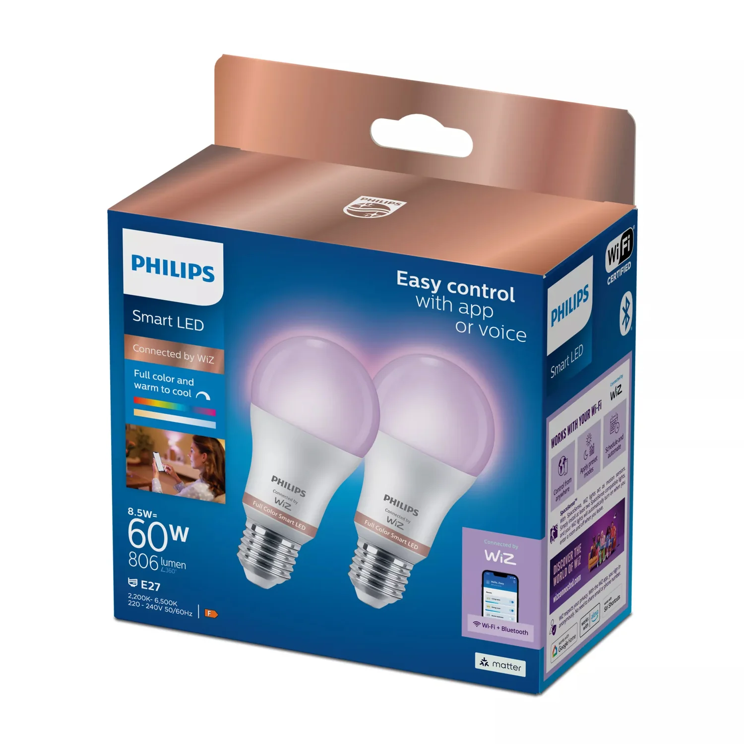 Lâmpada LED Inteligente Philips WiZ A60 E27 8,5W RGB (equiv. 60W) Pack 2 - Imagem 2