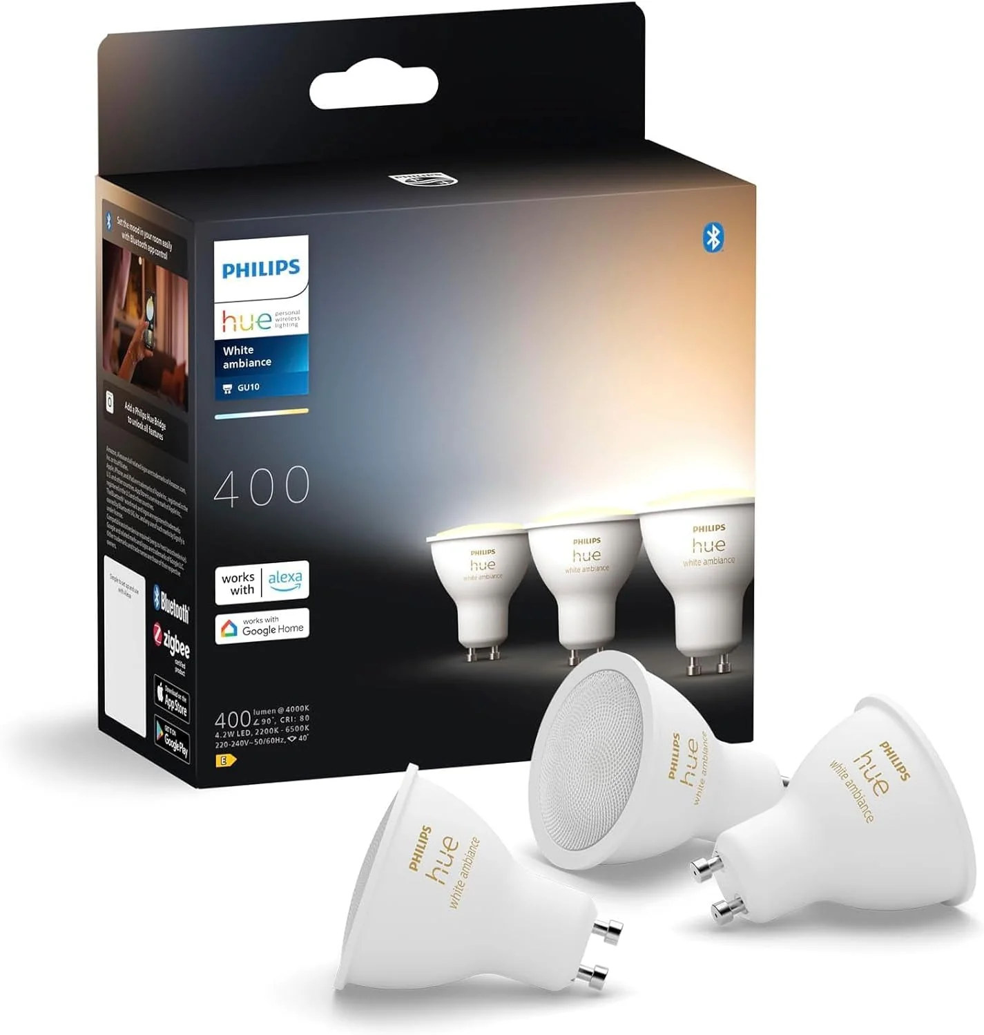 Lâmpada Philips Hue White Ambiance GU10 4.3W LED Bluetooth Zigbee 2200-6500K Pack 3 Unidades