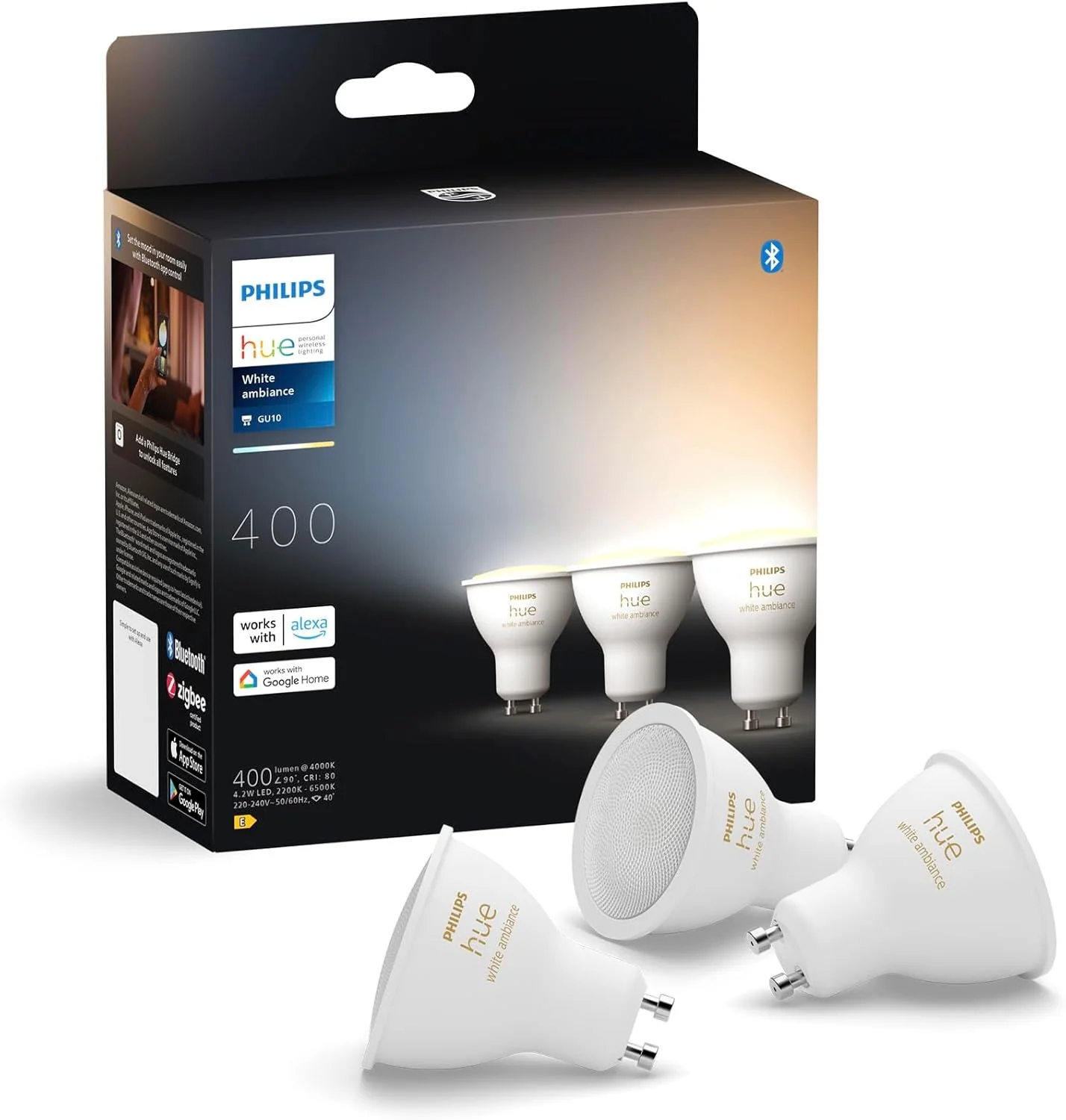 Lâmpada Philips Hue White Ambiance GU10 4.3W LED Bluetooth Zigbee 2200-6500K Pack 3 Unidades - Imagem 4