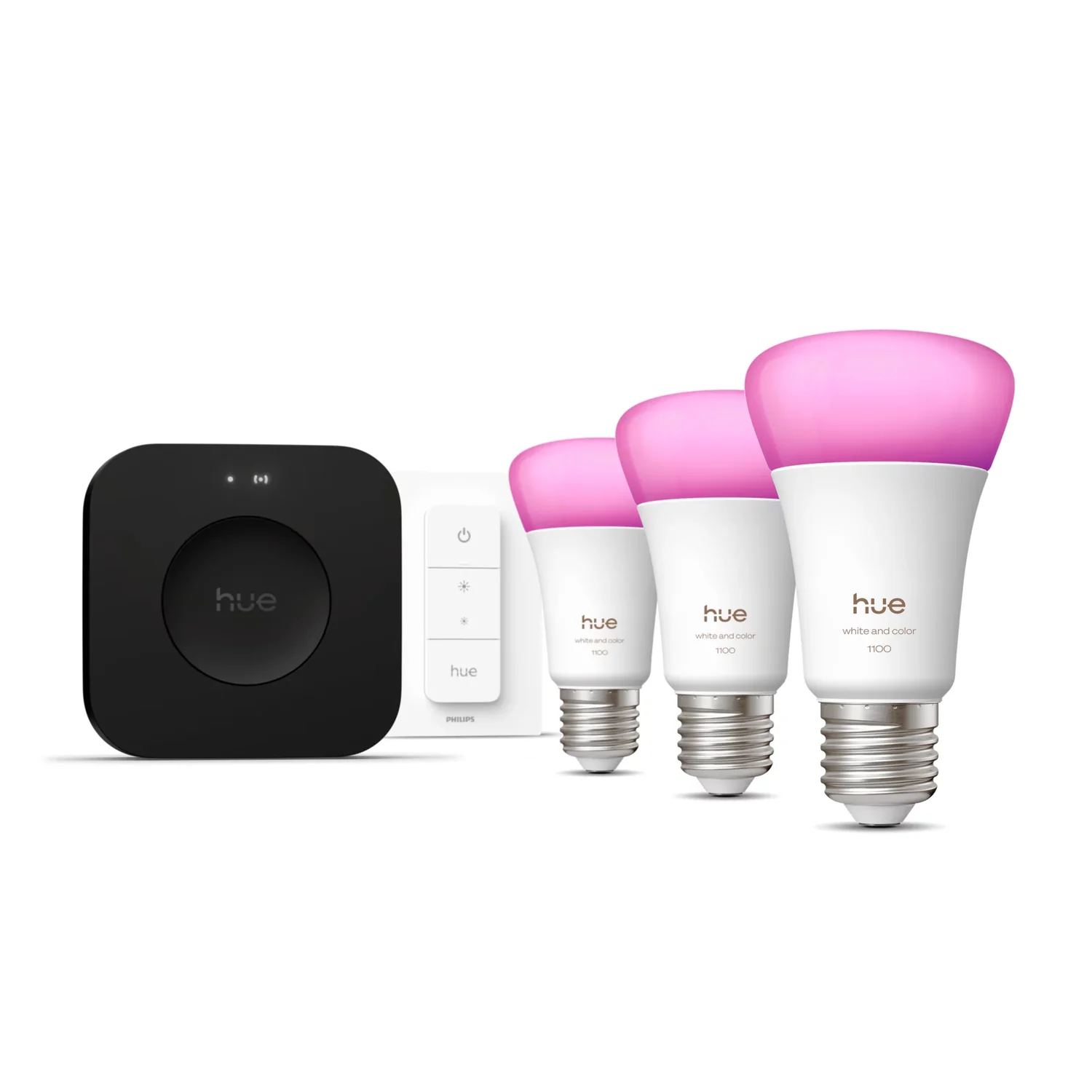 Kit Iluminação Inteligente Philips Hue WCA A60 E27 (3 Lâmpadas + Dimmer + Bridge Pro)