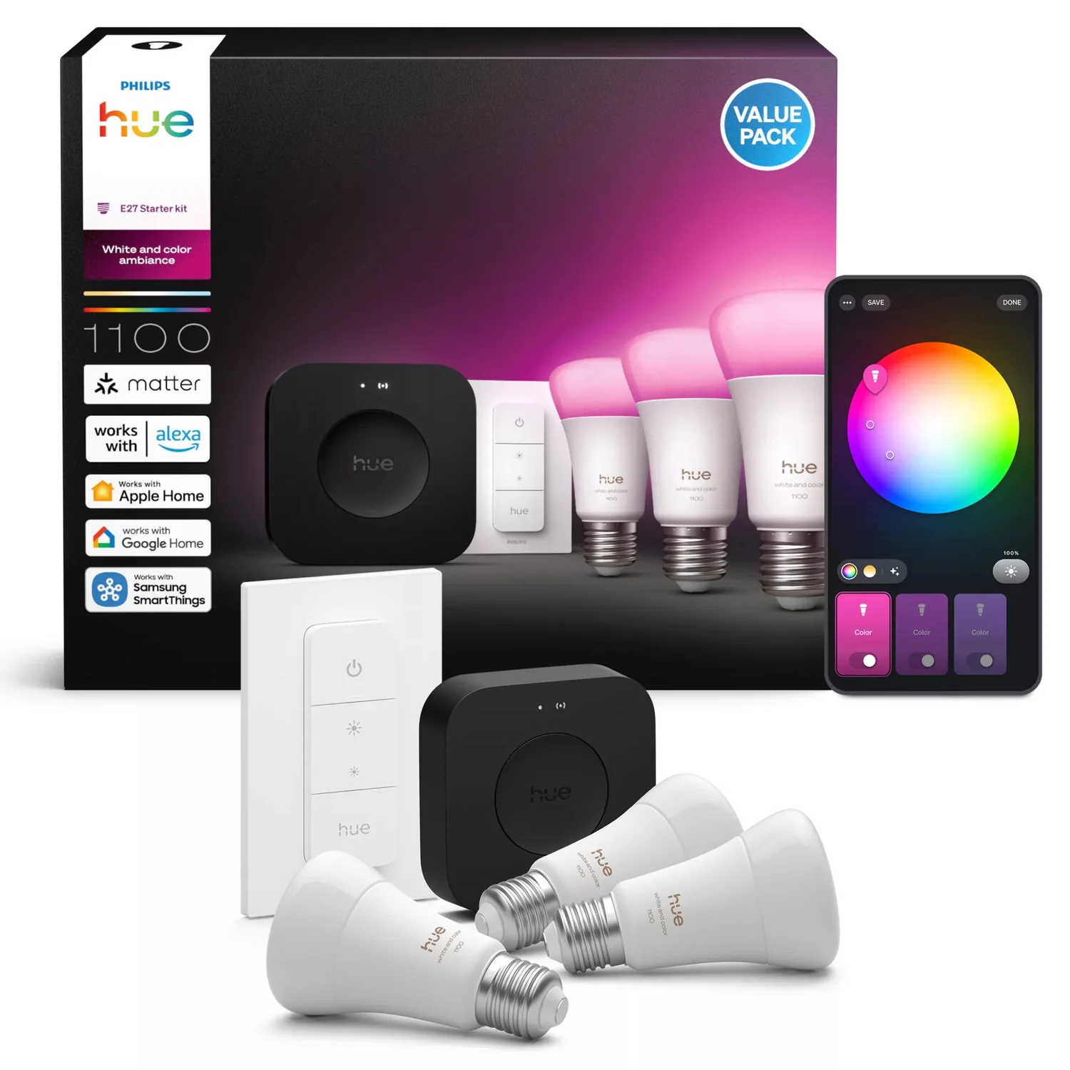 Kit Iluminação Inteligente Philips Hue WCA A60 E27 (3 Lâmpadas + Dimmer + Bridge Pro) - Imagem 3