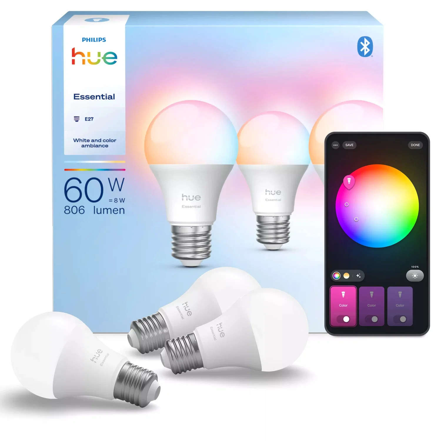 Lâmpada Inteligente Philips Hue Essential E27 806 lm Branco e Cor 8 W Pack 3 unidades - Imagem 3
