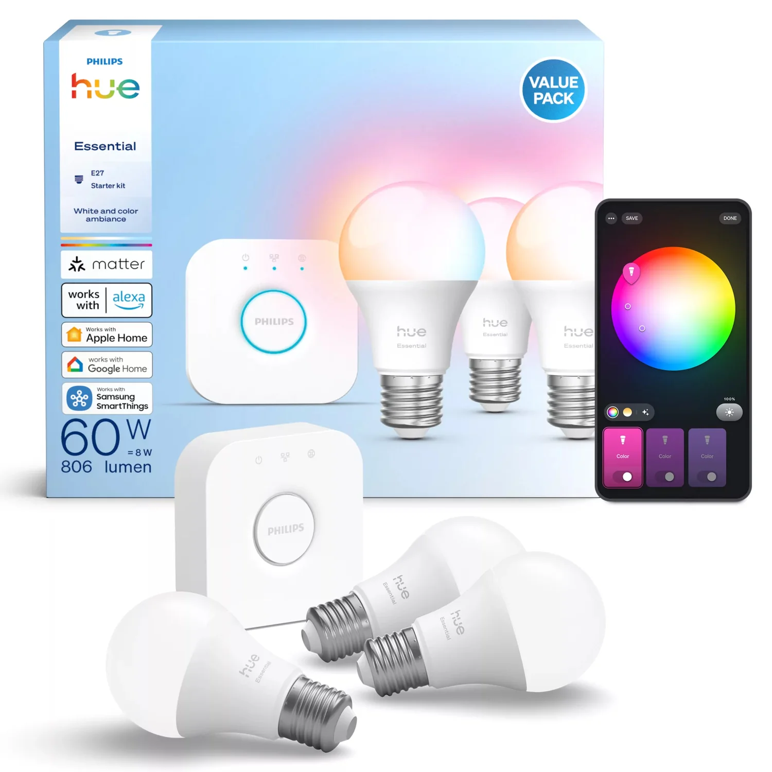 Kit Iluminação Inteligente Philips Hue Essential E27 A60 White & Color Ambiance 806lm Pack 3 + Bridge - Imagem 2