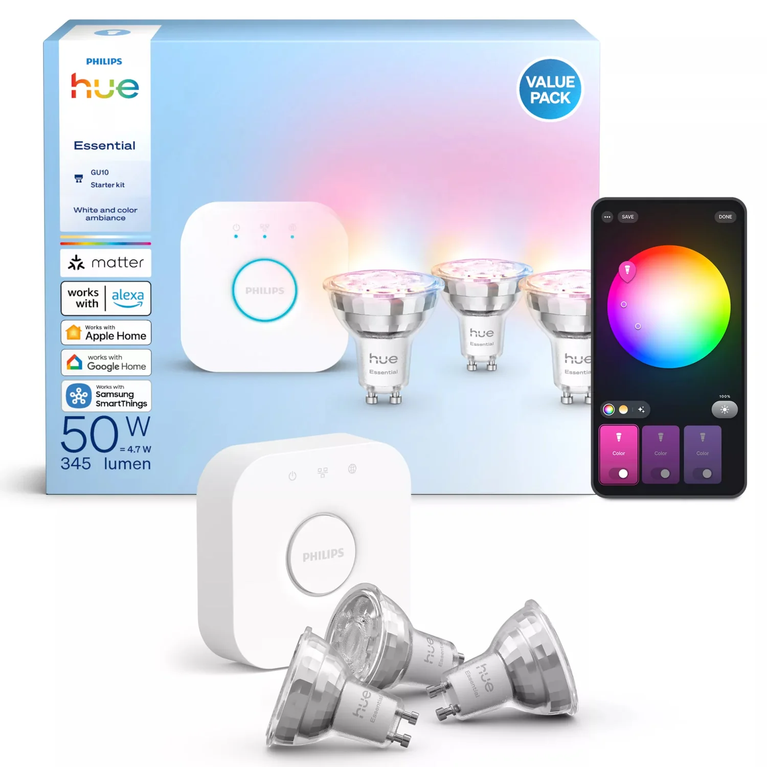 Lâmpadas Inteligentes LED Philips Hue White Color Ambiance GU10 Starter Kit (3un + Bridge) - Imagem 3